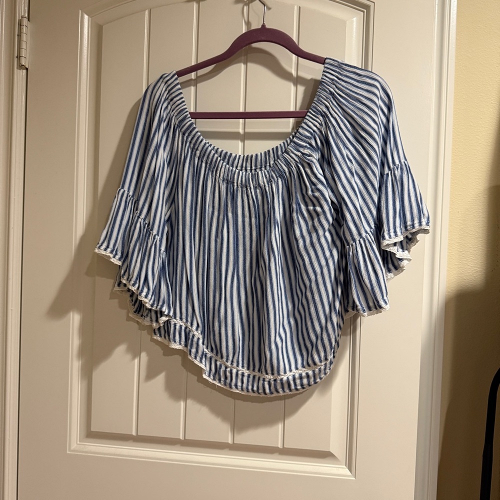 Forever 21 Navy and White Striped off-shoulder Blouse